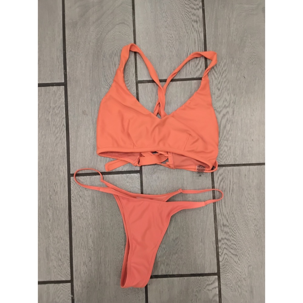 Pakaloha Coral Orange Bikini Set Lace Up V-Neck‎ Top Thong Bottoms XL Womens